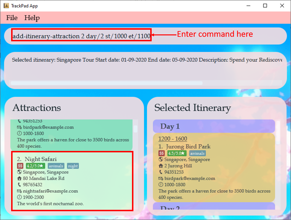 result of add itinerary attraction